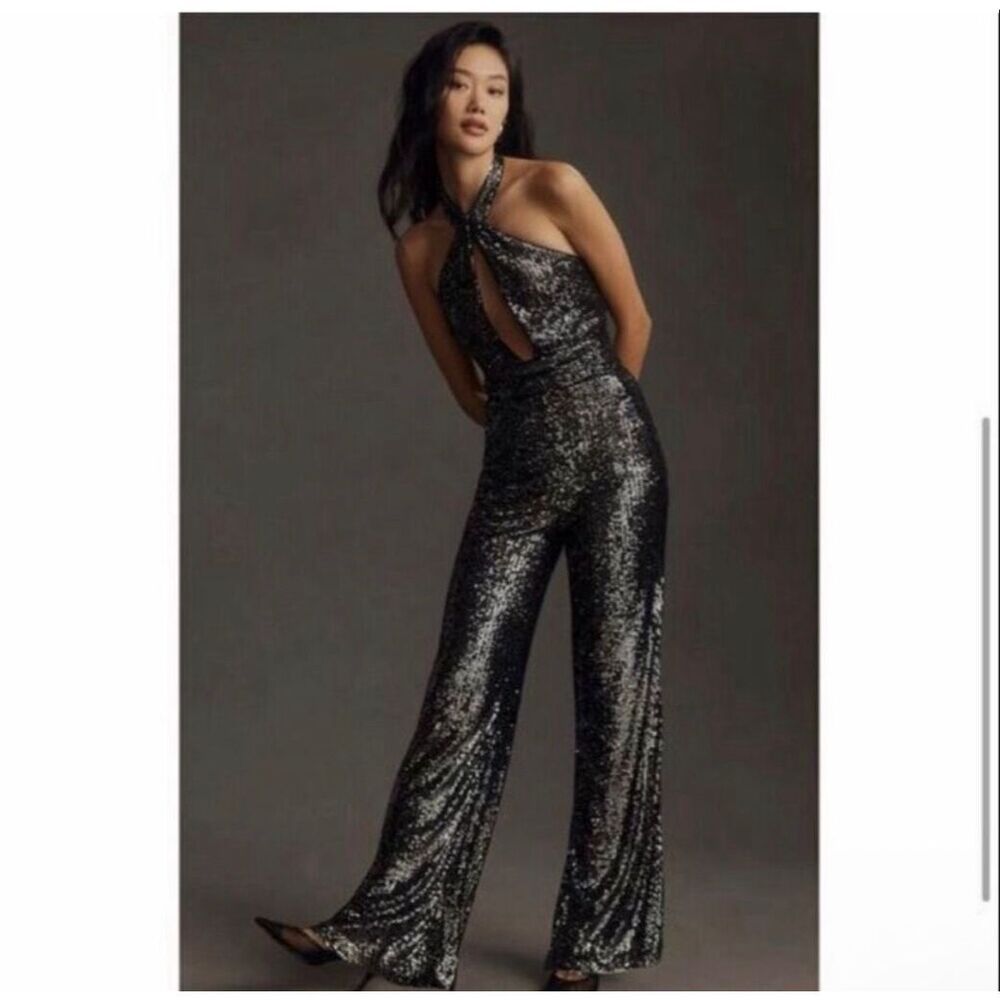 Anthropologie Black Sequin Halter Tie Jumpsuit